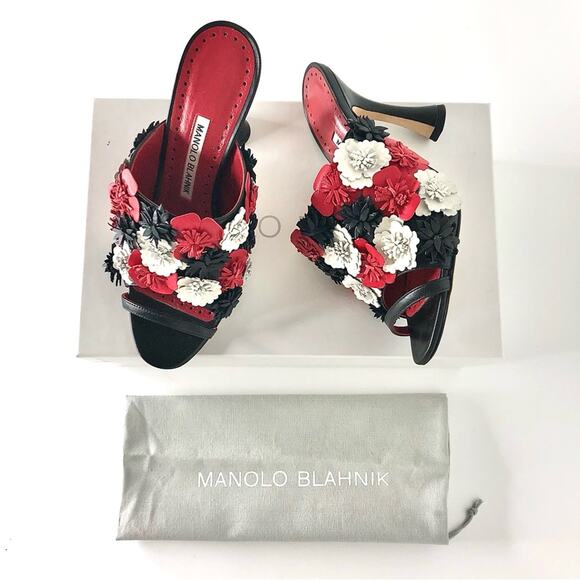 Manolo Blahnik Caninus Flower Leather Embellishments Mules Heeled Sandals 36.5 - Picture 1 of 13